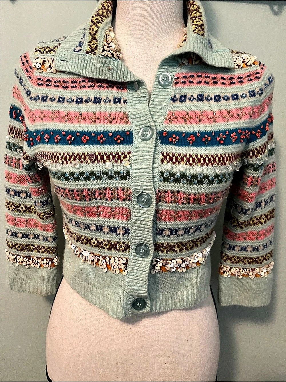 Free People Clear Beaded Striped Cardigan Green & Pink Small
